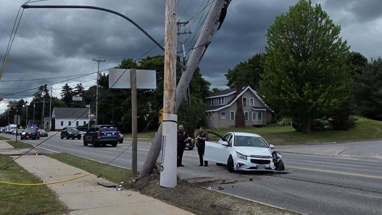 Car strikes telephone pole, closes Route 1 in Scarborough