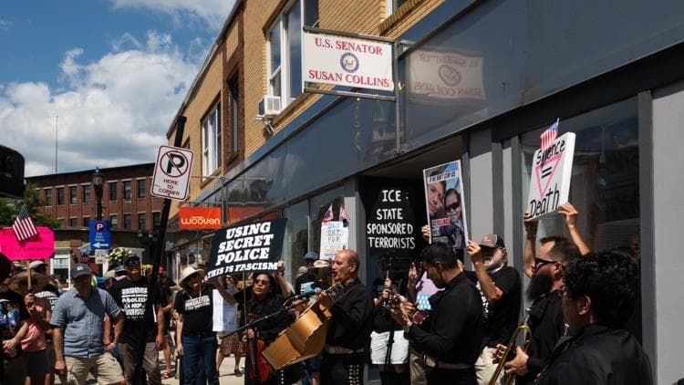 Protesters rally outside Sen. Susan Collins’ Biddeford office over ICE funding, voting record