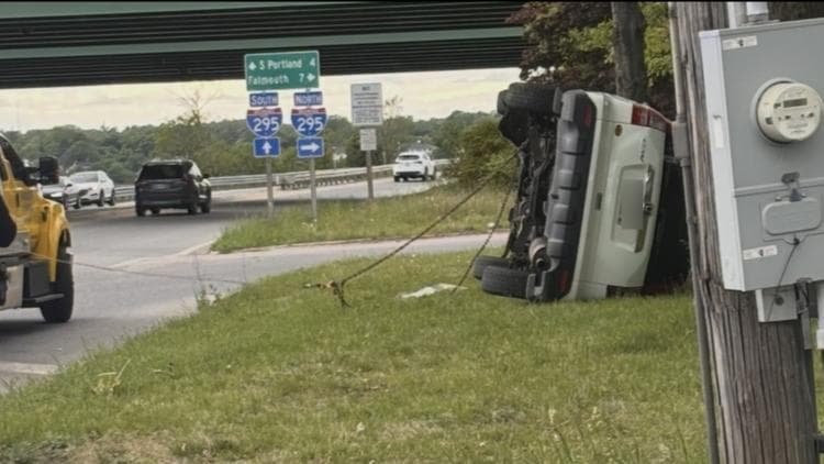 Car flips at busy intersection near I-295 in Portland
