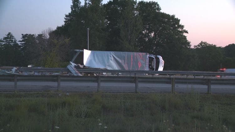 Box truck overturns on I-295 in South Portland after driver swerves to avoid deer